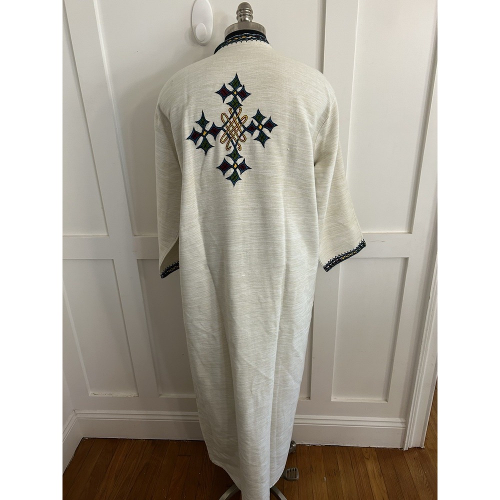 Vintage Embroidered Ethnic Coat Sz M L White Maxi Kaftan Duster